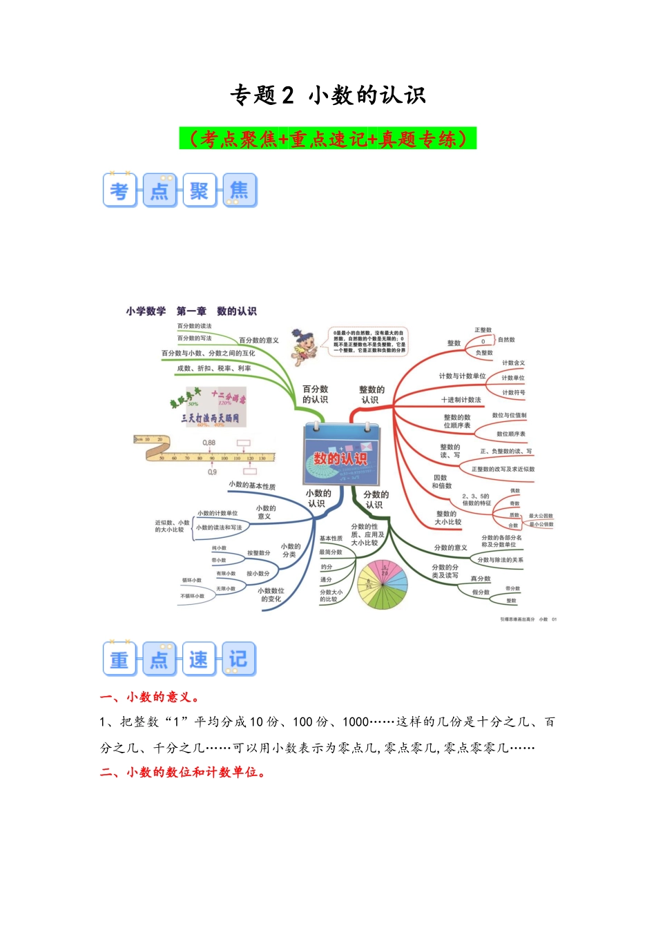 专题2-小数的认识（考点聚焦+重点速记+真题专练）（含解析）.docx