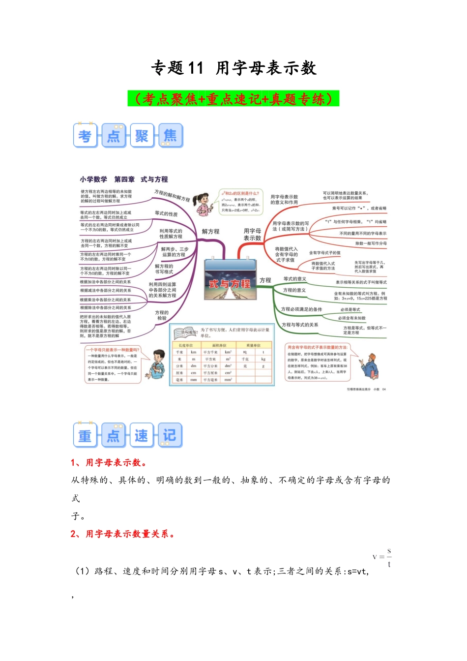 专题11-用字母表示数（考点聚焦+重点速记+真题专练）（含解析）.docx
