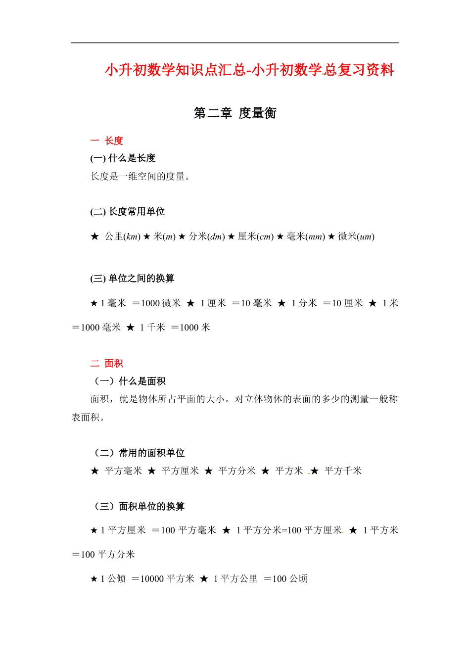 第二章+度量衡+2022-2023小升初数学知识点汇总+.docx