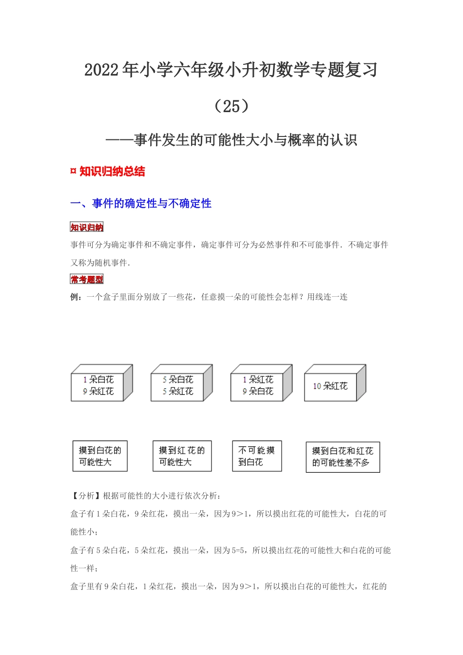 【专项复习】2022年小学六年级下册小升初数学专题复习（25）事件发生的可能性大小与概率的认识（知识归纳+典例精析+拔高训练）.docx