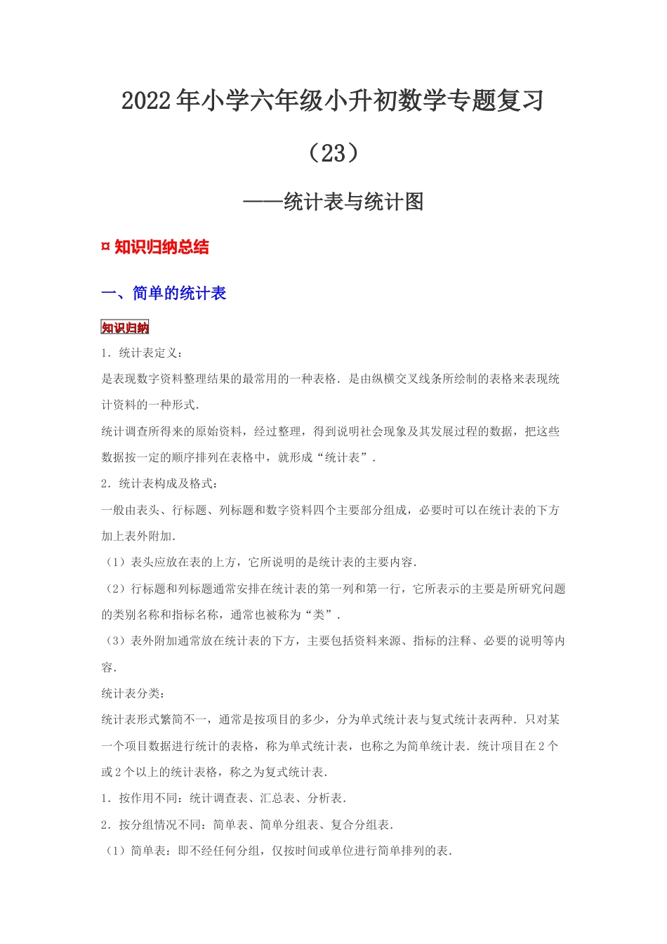 【专项复习】2022年小学六年级下册小升初数学专题复习（23）统计表与统计图（知识归纳+典例精析+拔高训练）.docx