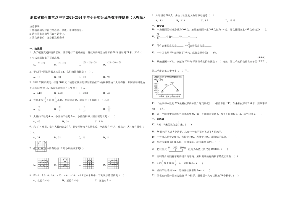 浙江省杭州市重点中学2023-2024学年小升初分班考数学押题卷（人教版）.docx
