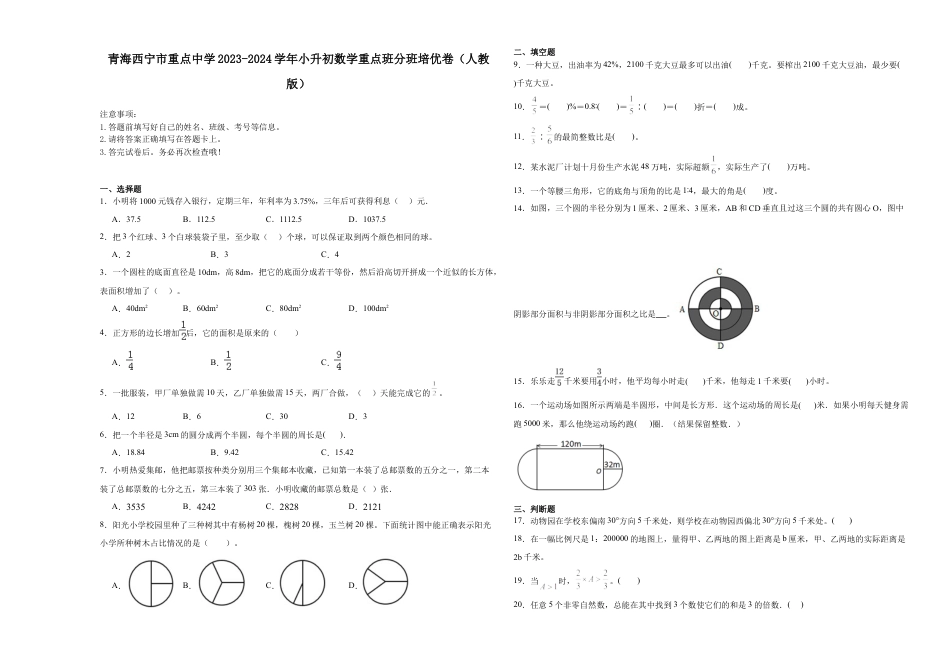 青海西宁市重点中学2023-2024学年小升初数学重点班分班培优卷（人教版）.docx