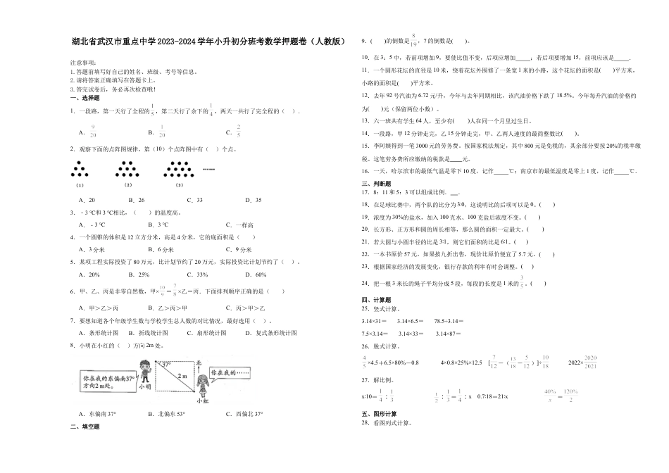湖北省武汉市重点中学2023-2024学年小升初分班考数学押题卷（人教版）.docx