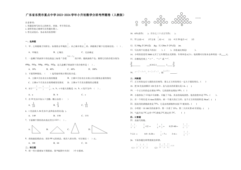 广东省东莞市重点中学2023-2024学年小升初数学分班考押题卷（人教版）.docx