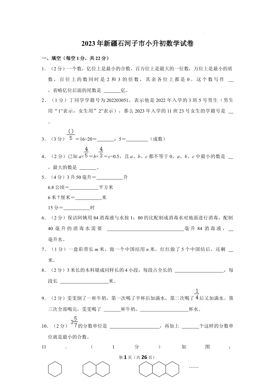 2023年新疆维吾尔自治区石河子市小升初数学试卷（内含答案解析）.docx