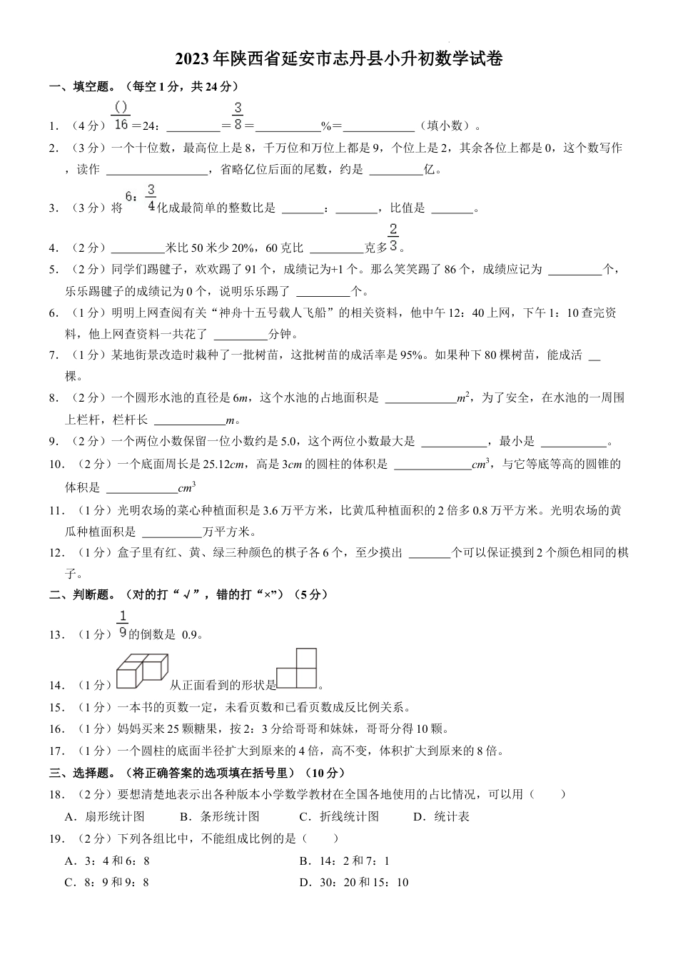 2023年陕西省延安市志丹县小升初数学试卷（内含答案解析）.docx