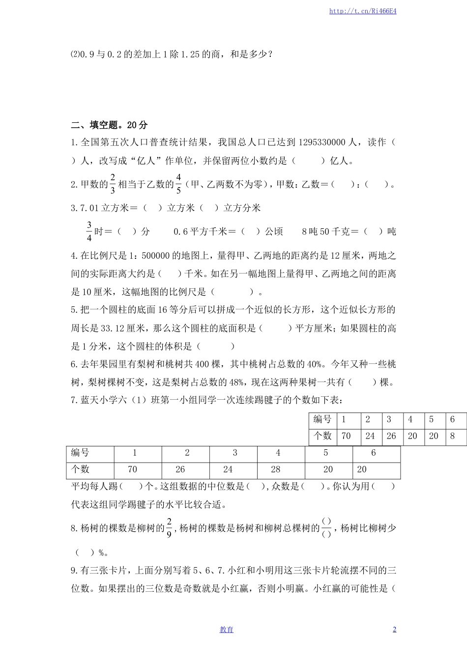 苏教版小学六年级毕业会考模拟数学试题（4）附答案.doc