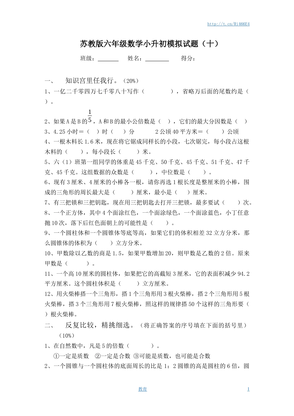 苏教版六年级数学小升初模拟试题（十）含答案.docx