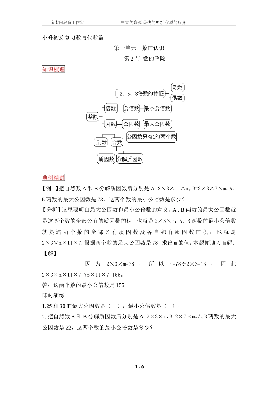 小升初数学总复习知识梳理+练习+答案-数的整除-通用版.doc