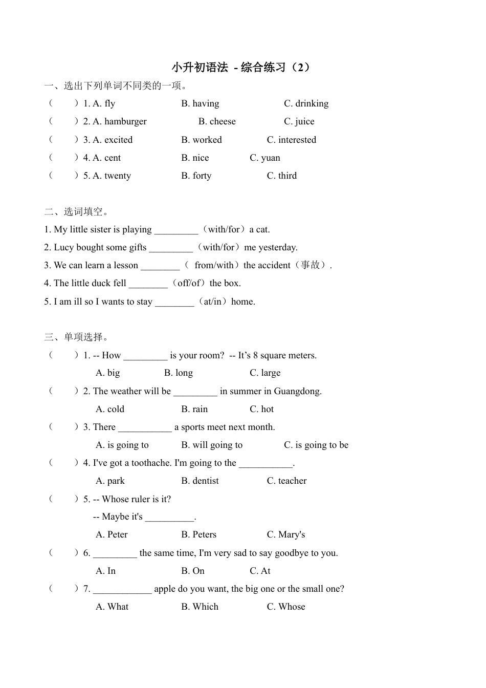 小升初语法总复习之综合练习2（含答案）.doc