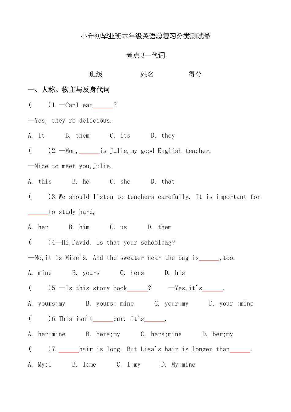 考点3—代词专题小升初毕业班六年级英语总复习分类测试卷.docx