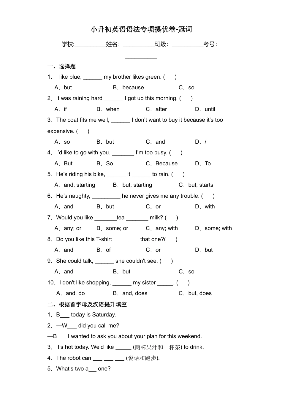 小升初英语语法专项提优卷-冠词（全国通用版）.docx
