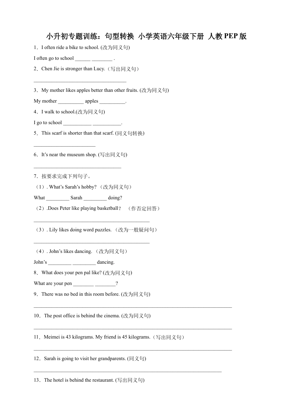 小升初专题训练：句型转换 小学英语六年级下册 人教PEP版（含答案）.docx