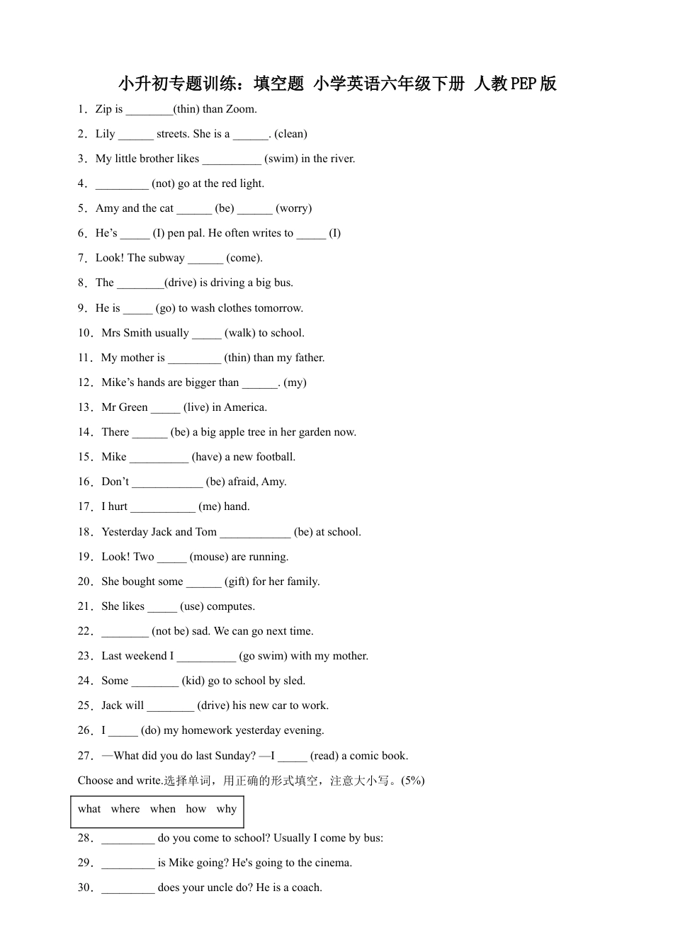 小升初专题训练：填空题 小学英语六年级下册 人教PEP版（含答案）.docx