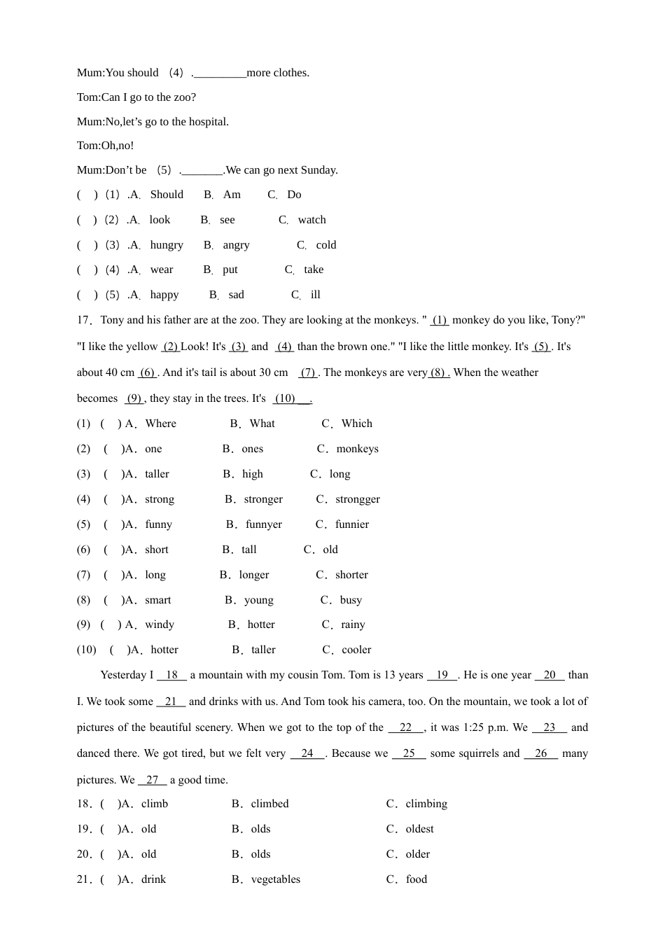 小升初专题训练：完形填空 小学英语六年级下册 人教PEP版（含答案）.docx