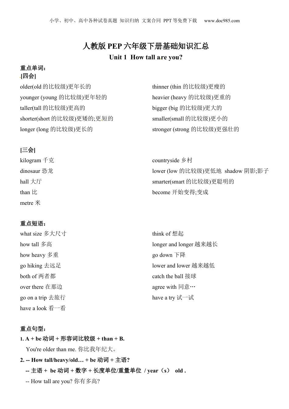 小升初英语-【口袋书】人教版PEP六年级下册英语 基础知识汇总.docx