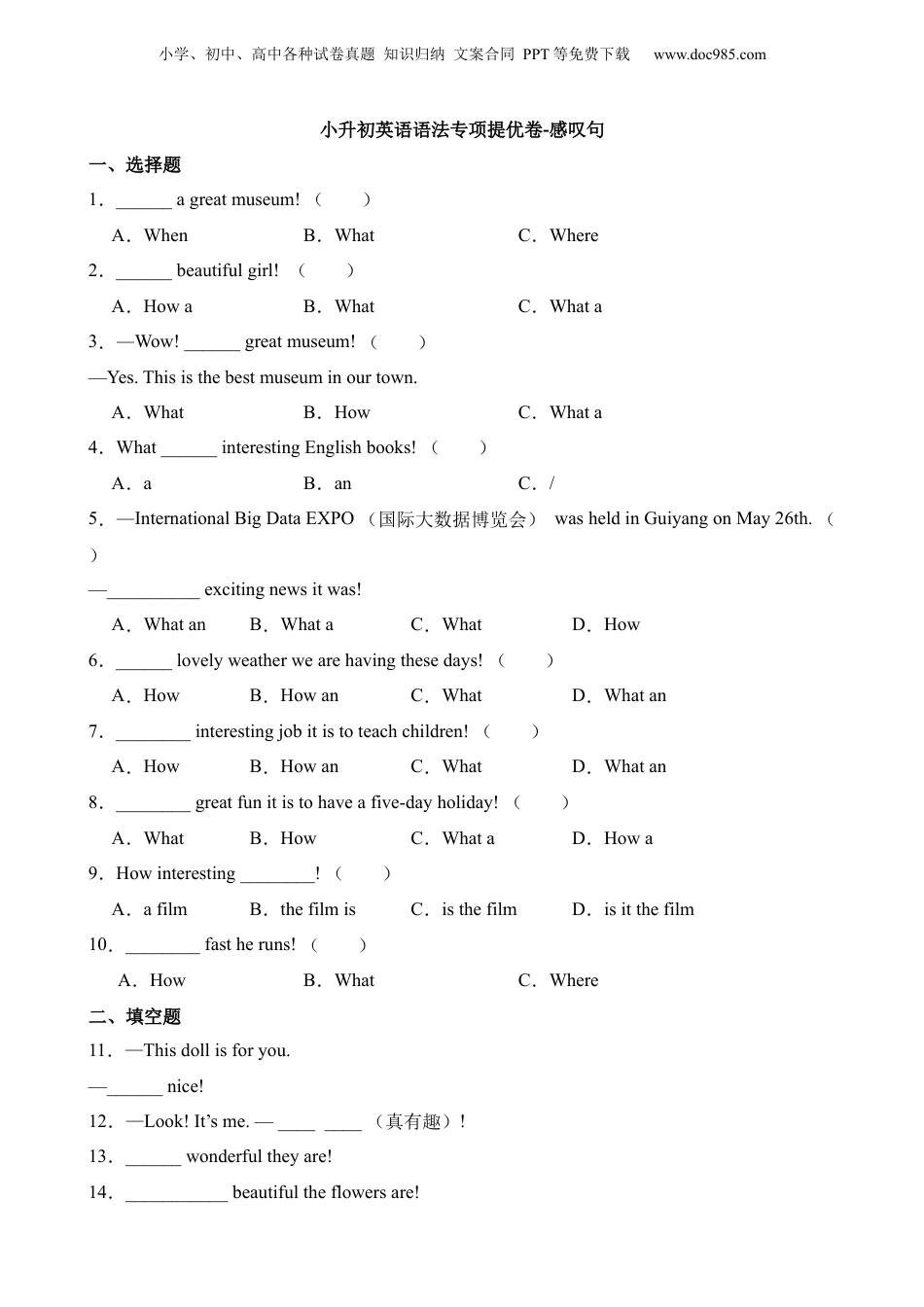 小升初英语-提优卷-感叹句.docx