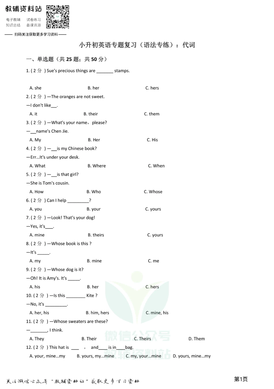 小升初英语复习专题（语法专练）：代词.pdf