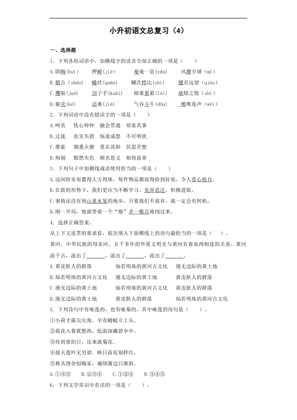 小升初语文-【精品】小升初语文知识专项训练-总复习4（27页）.docx