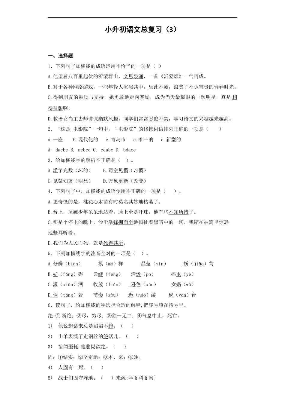 小升初语文-【精品】小升初语文知识专项训练-总复习3（22页）.docx