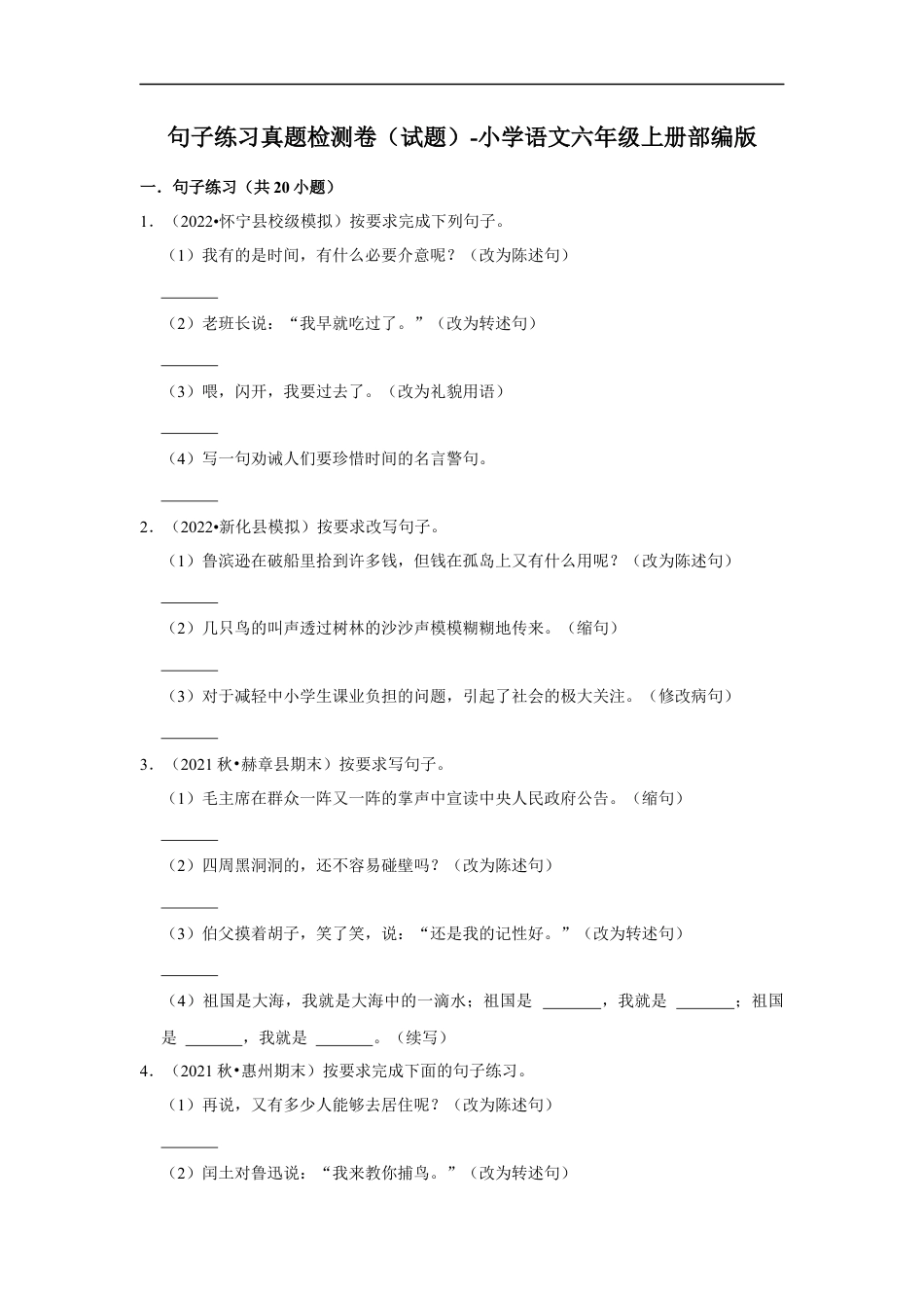小升初语文-句子练习真题检测卷（试题）-小学语文六年级上册部编版.docx