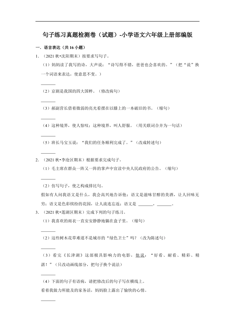 小升初语文-句子练习真题检测卷（试题）部编版语文六年级上册.docx
