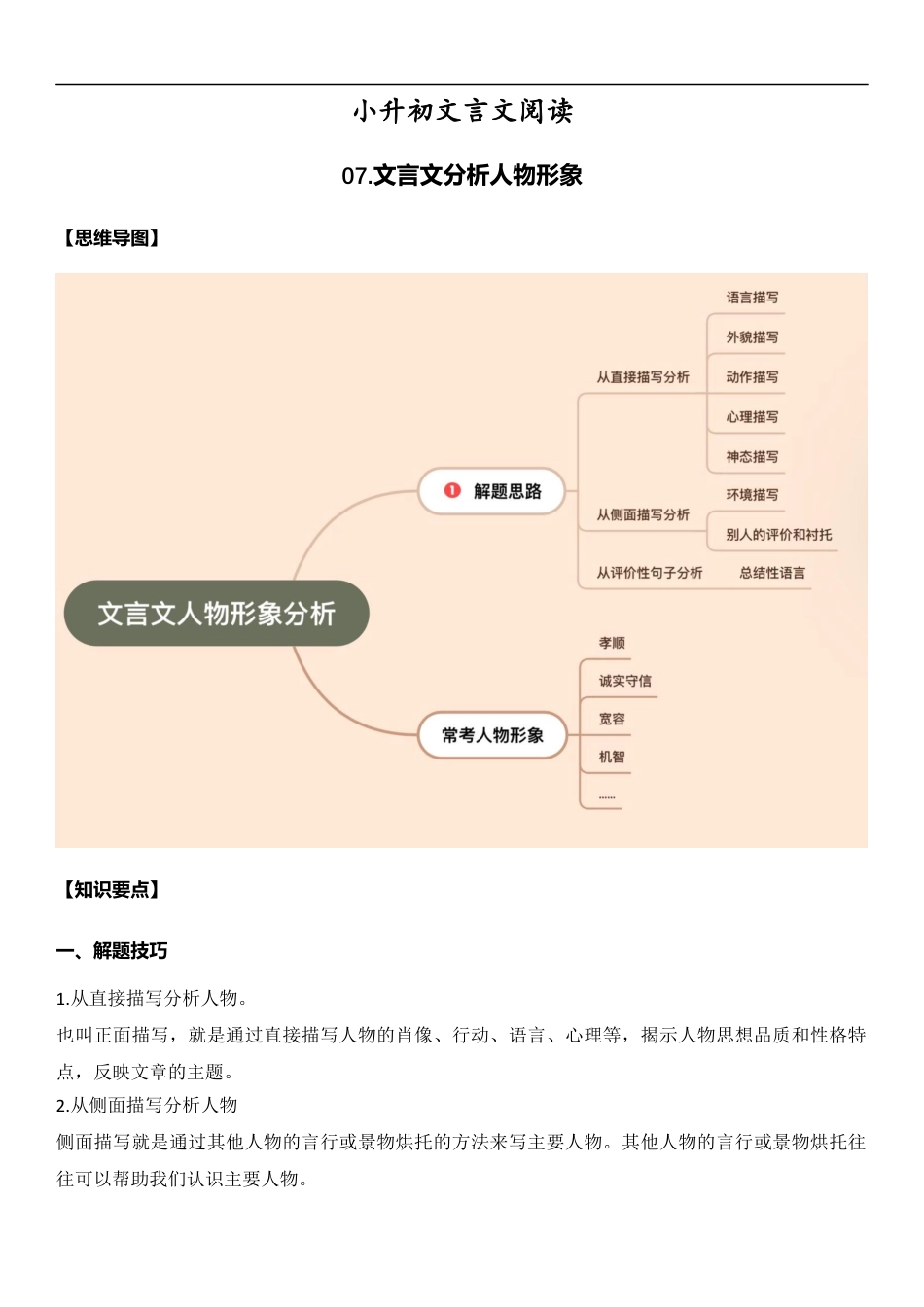 小升初语文-小升初文言文阅读-08文言文的人物形象分析（学生版）.docx