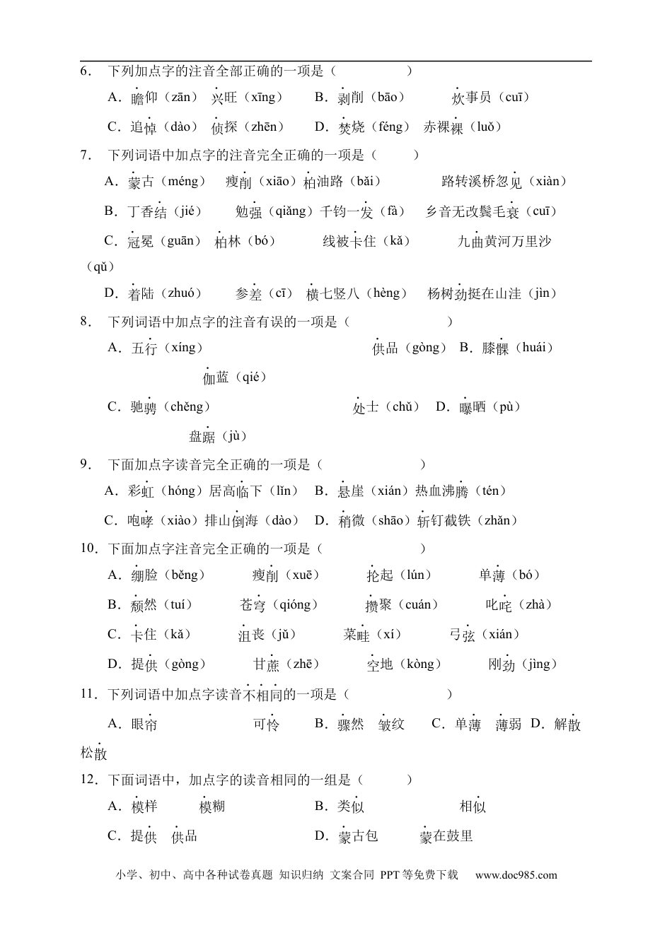 小升初语文-小升初语文易错知识点专项集训B卷-字音辨析（试题）部编版语文六年级下册.docx