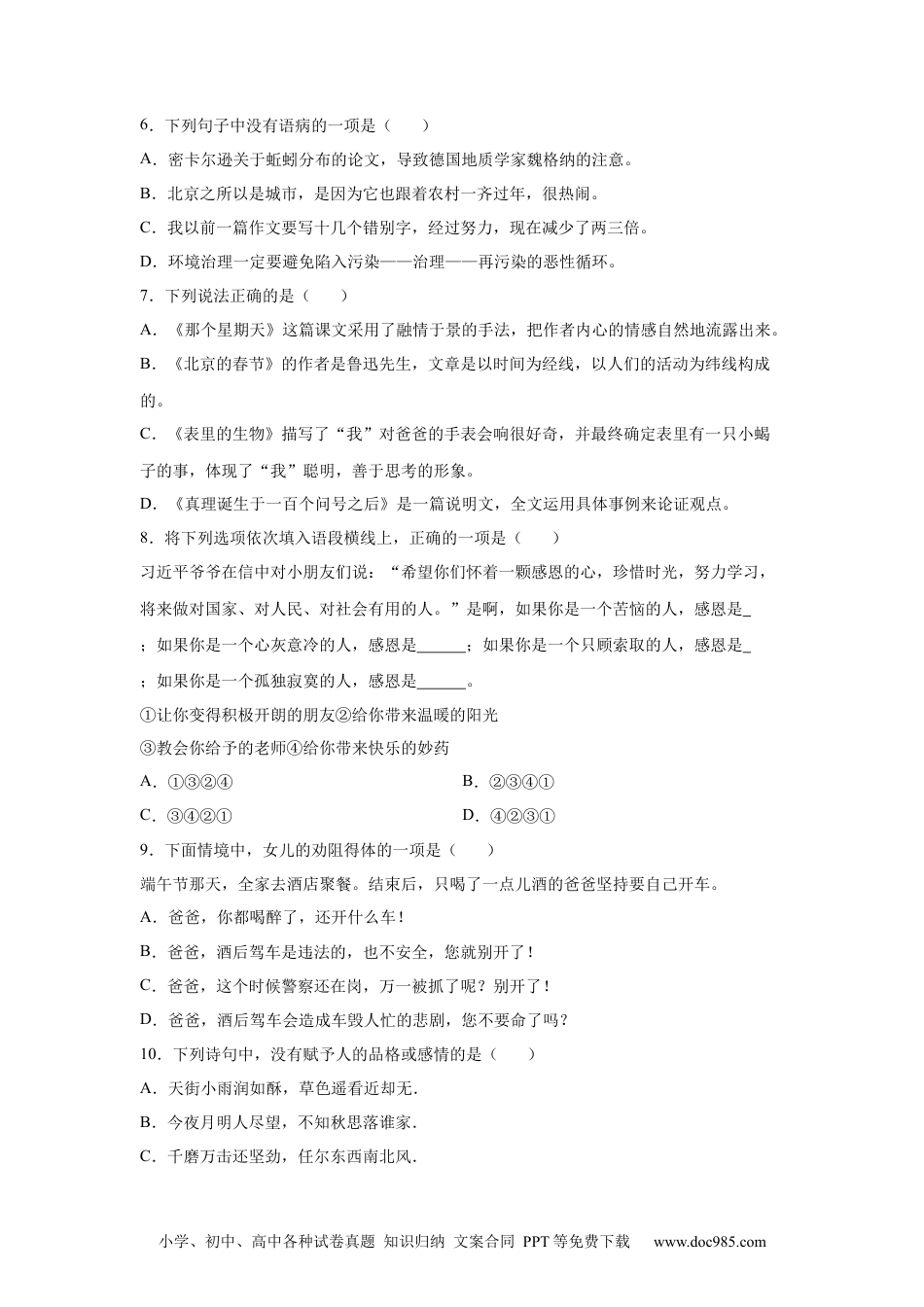 小升初语文-小升初分班考特训卷（三）（试题）部编版语文六年级下册.docx