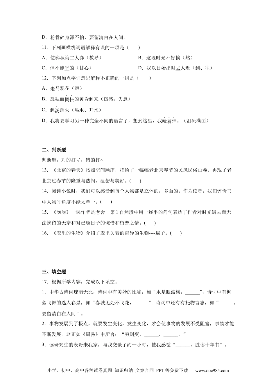 小升初语文-小升初分班考特训卷（三）（试题）部编版语文六年级下册.docx
