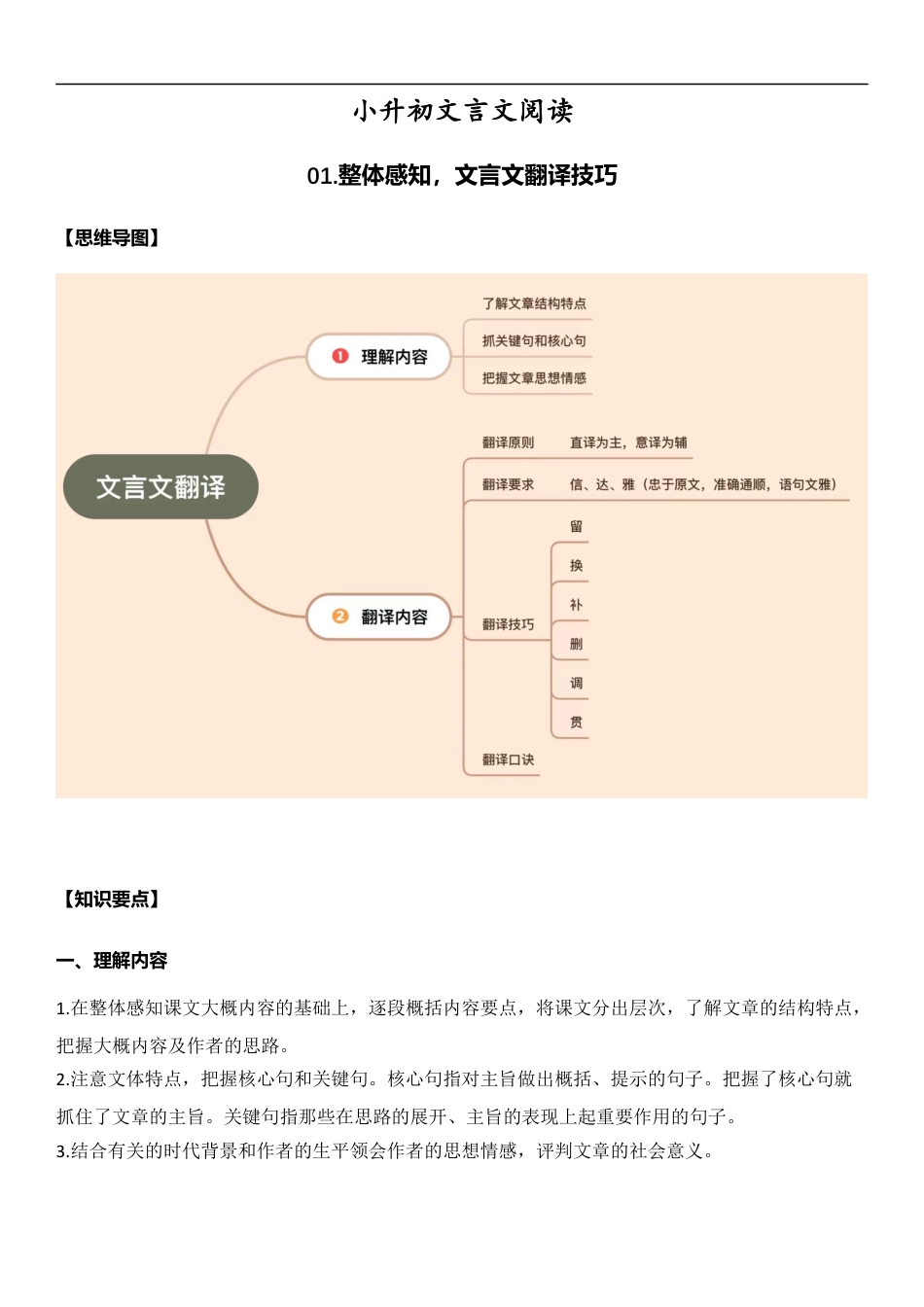 小升初语文-小升初文言文阅读-01理解内容翻译技巧（学生版）.docx