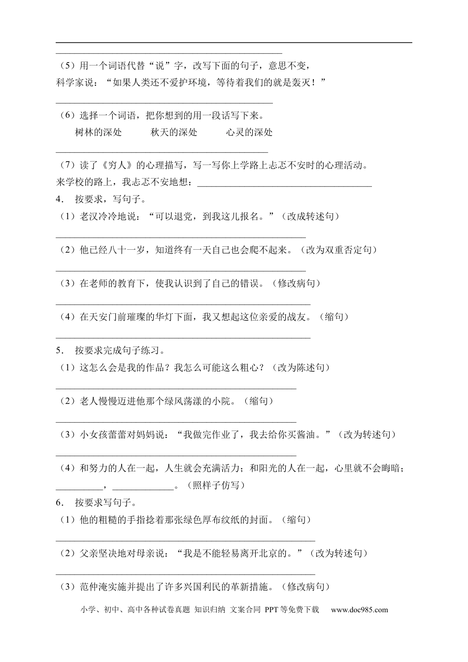 小升初语文-小升初语文易错知识点专项集训B卷-句子改写（试题）部编版语文六年级下册.docx