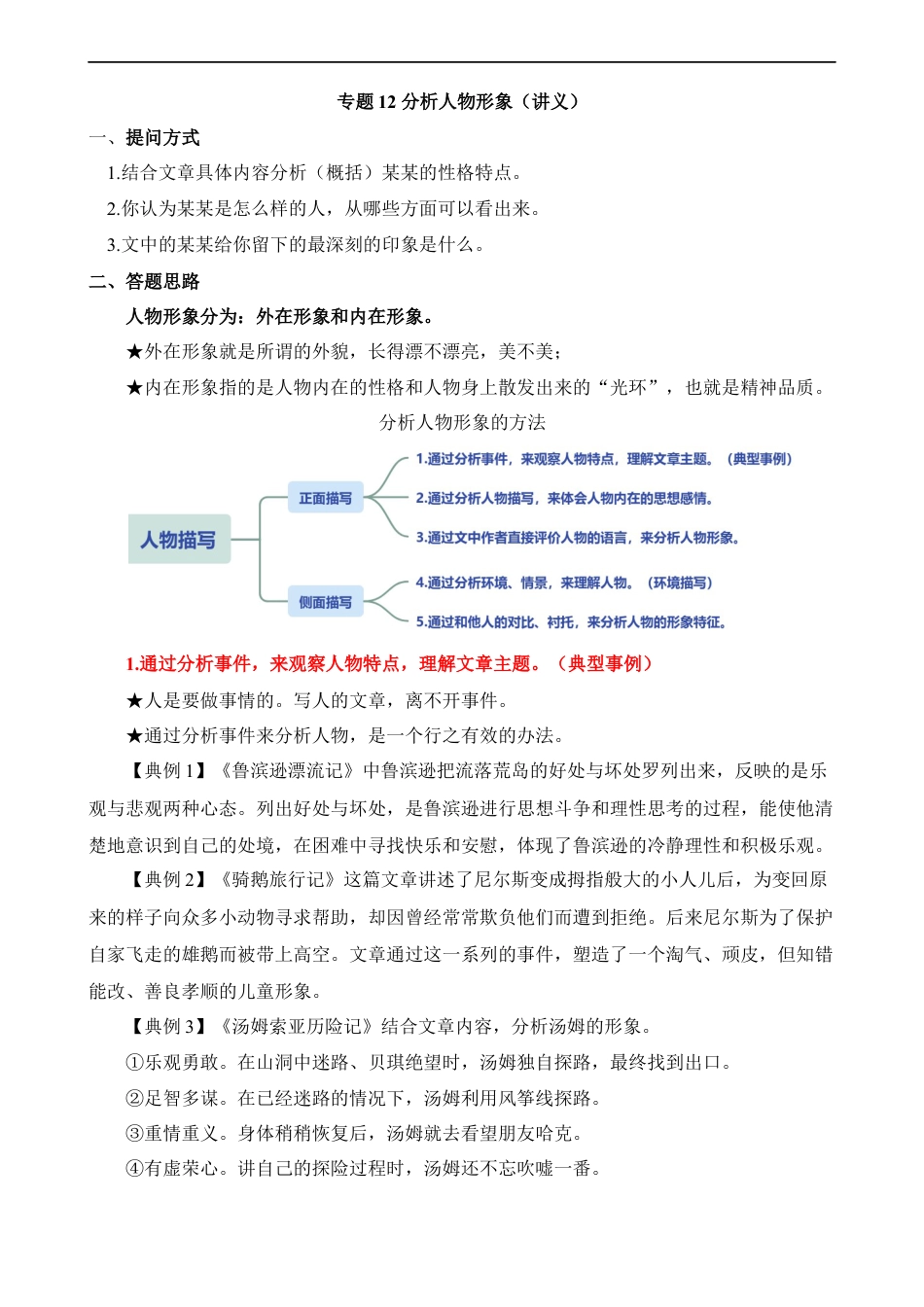 小升初语文-专题12 分析人物形象（讲义）.docx