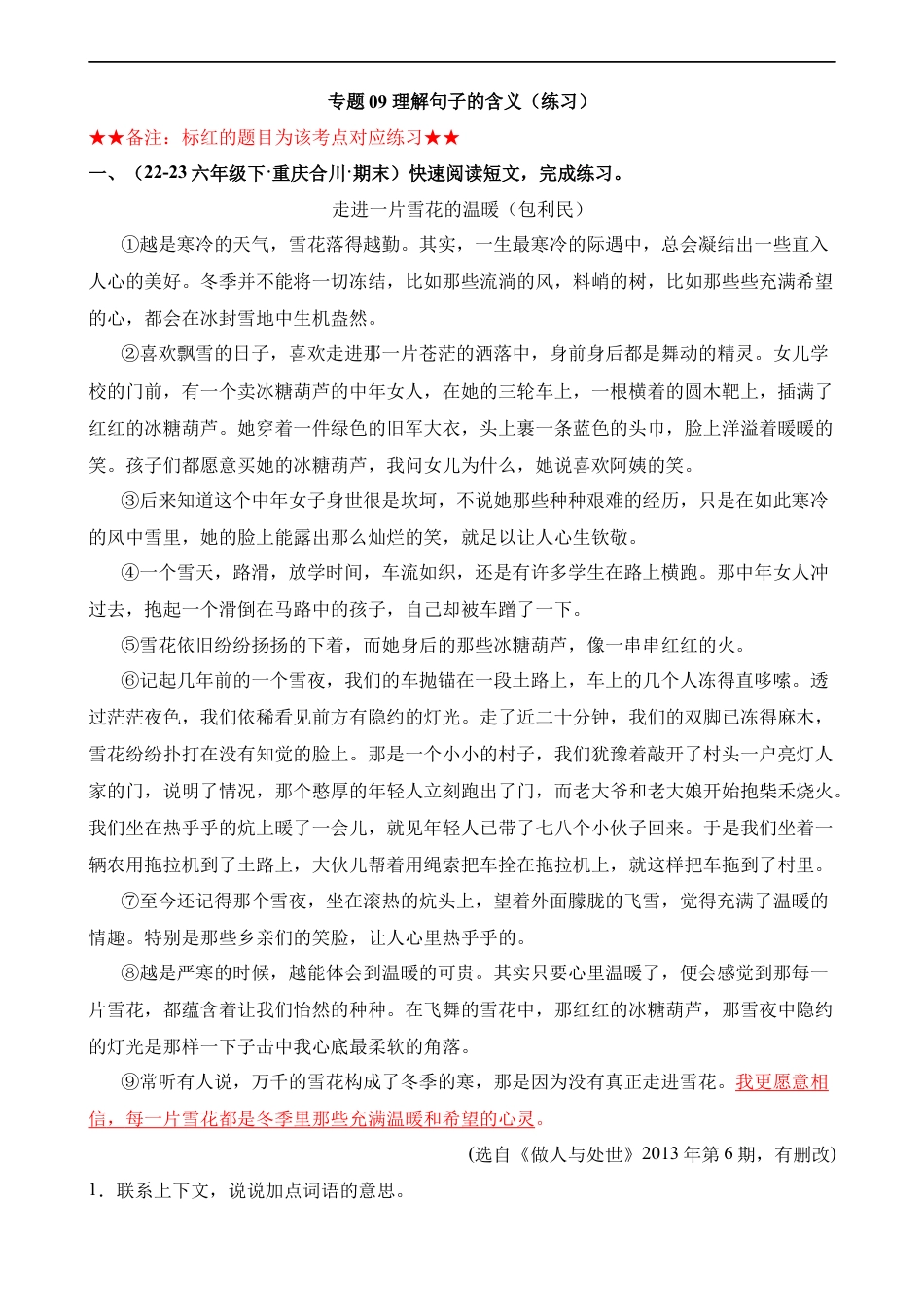 小升初语文-专题09 理解句子的含义（练习）.docx