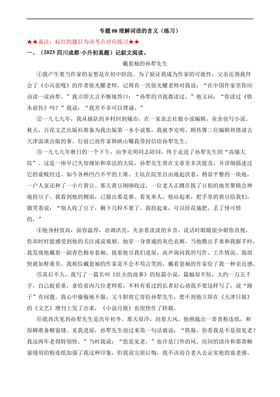 小升初语文-专题08 理解词语的含义（练习）.docx