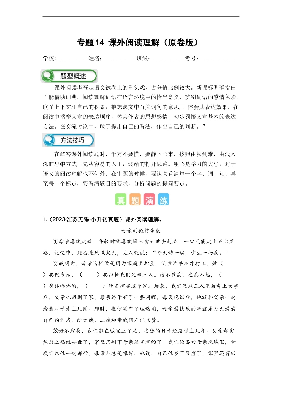 小升初语文-专题14 课外阅读理解（原卷版）.docx
