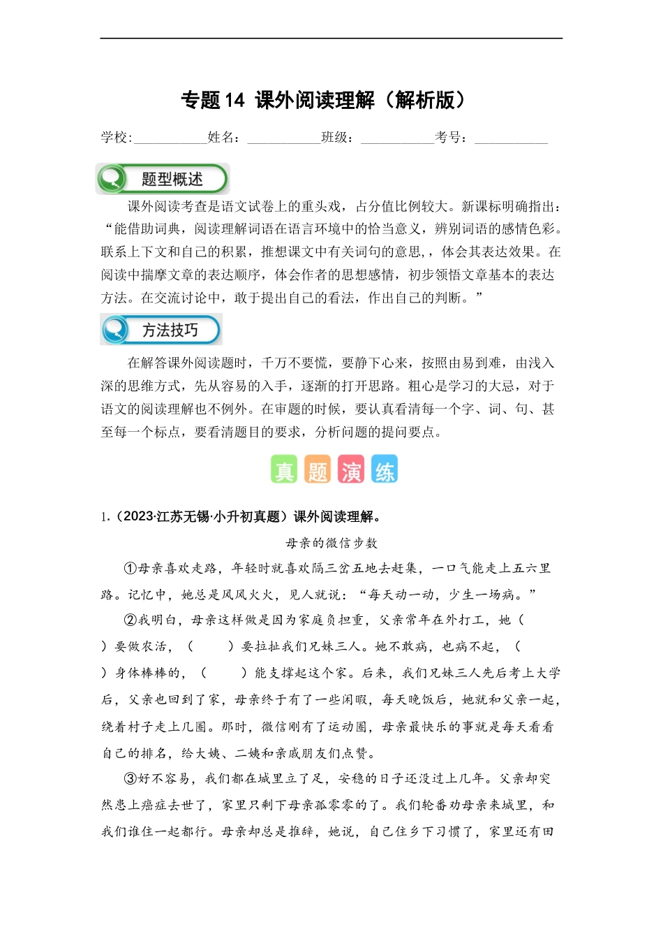 小升初语文-专题14 课外阅读理解（解析版）.docx