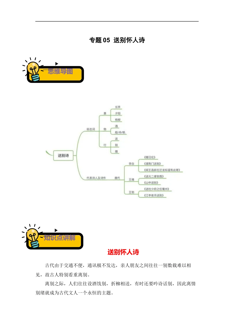 小升初语文-专题05+送别怀人诗-2022-2023学年小升初语文古诗鉴赏知识点衔接（部编版）.docx