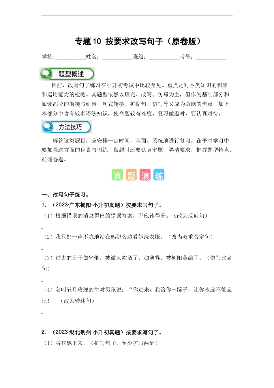 小升初语文-专题10 按要求改写句子（原卷版）.docx