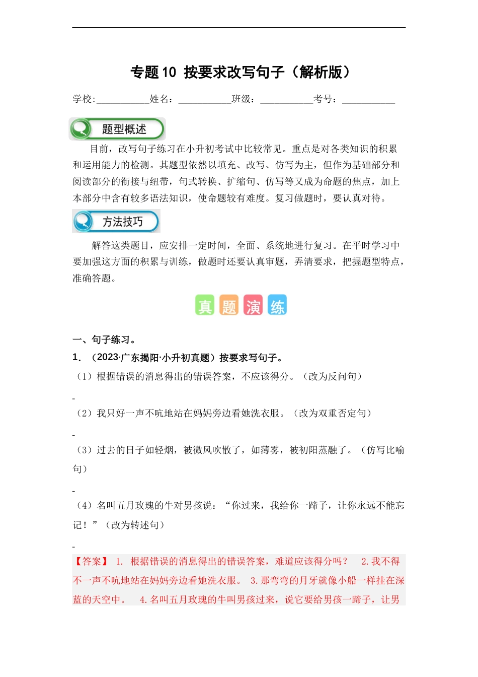 小升初语文-专题10 按要求改写句子（解析版）.docx