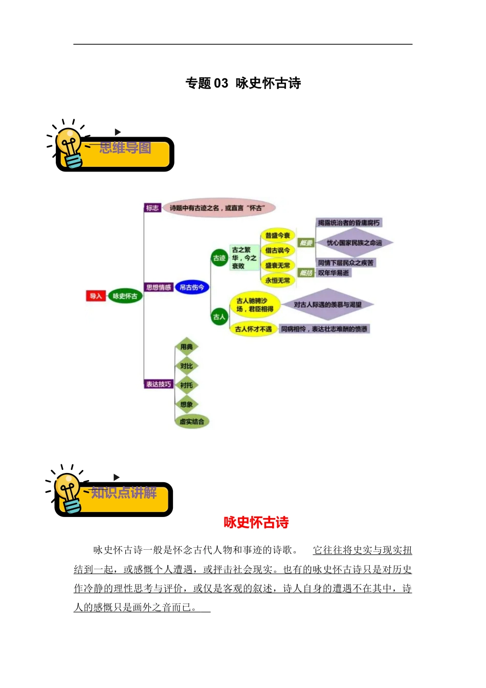小升初语文-专题03++咏史怀古诗-2022-2023学年小升初语文古诗鉴赏知识点衔接（部编版）.docx