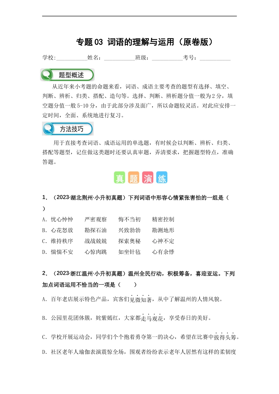 小升初语文-专题03 词语的理解与运用（原卷版）.docx