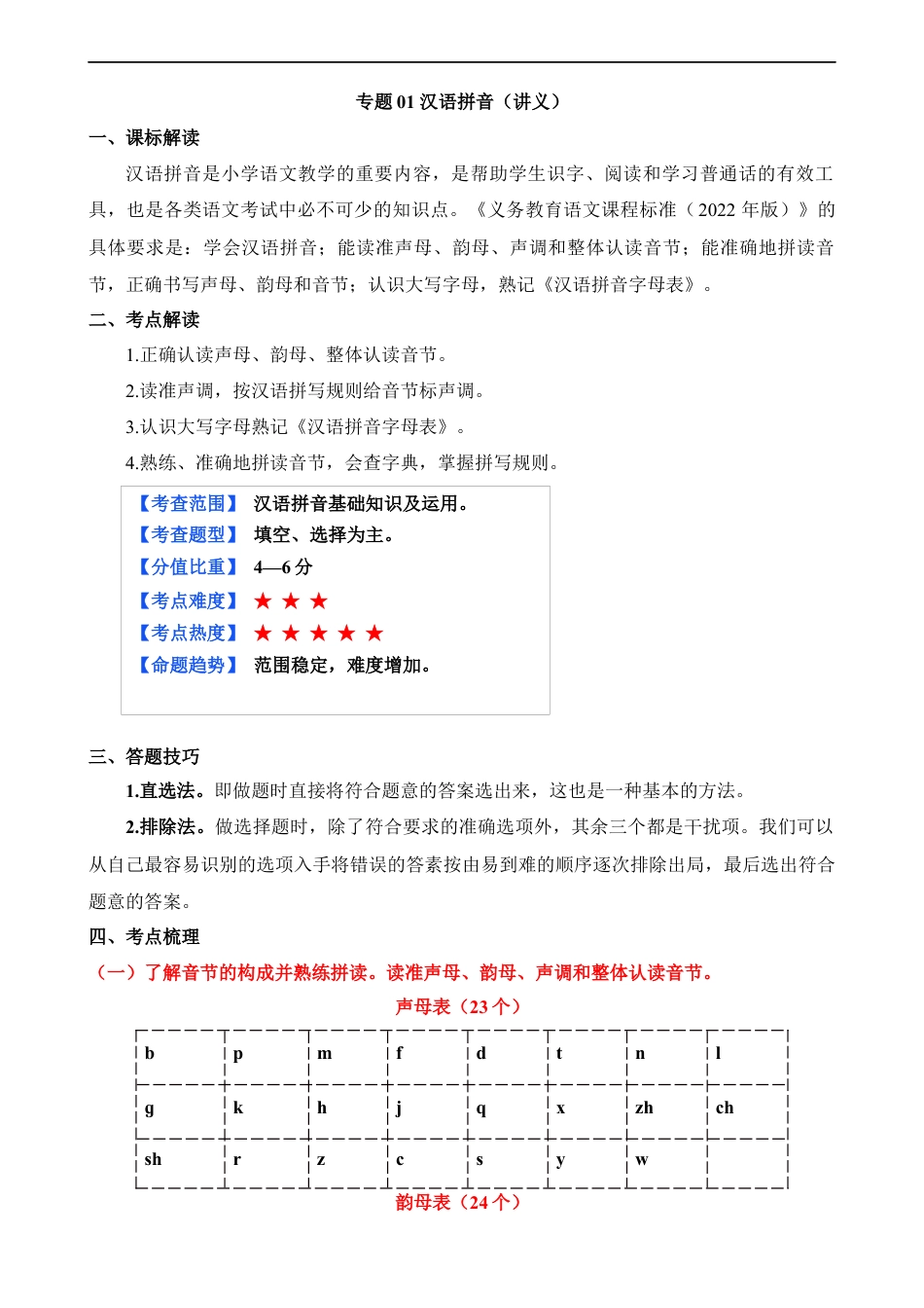 小升初语文-专题01 汉语拼音（讲义）.docx