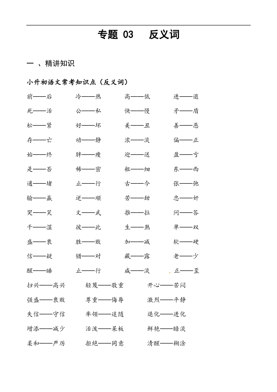 小升初语文-专题03 反义词-备战2024年小升初语文精讲精练必刷题（全国通用）原题版.docx