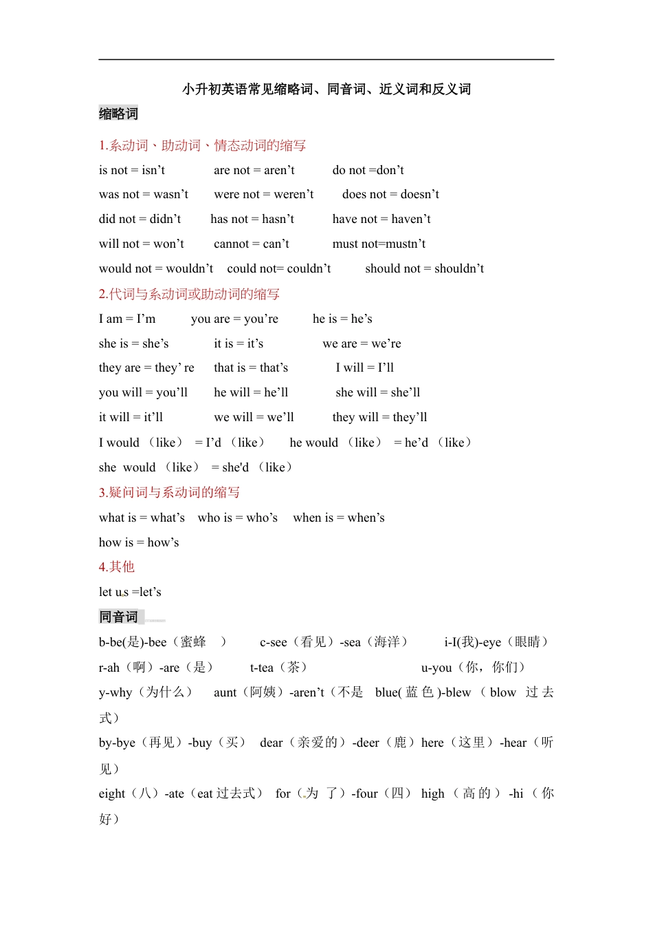 小升初语文-【小升初英语】常见缩略词、同音词、近义词和反义词.docx