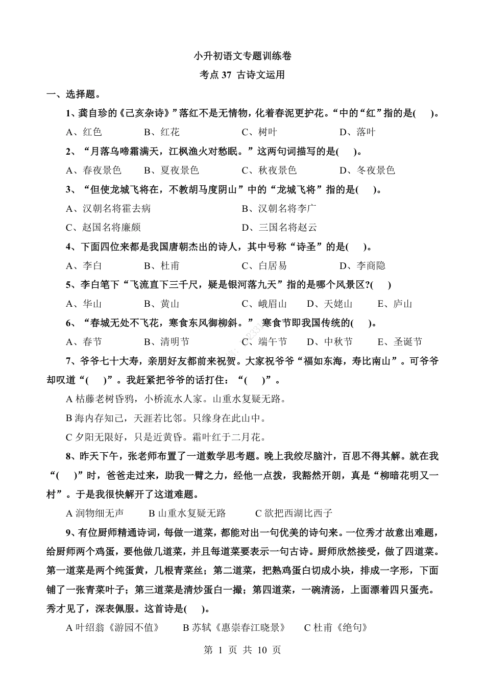 小升初语文-考点37 古诗文运用.pdf