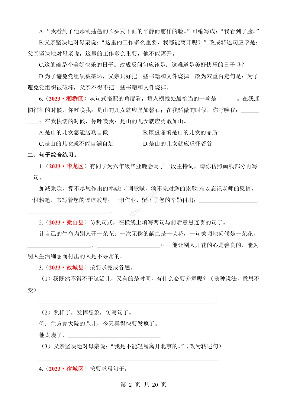 小升初语文-专题07 句子综合练习（扩句、缩句、改写、仿写、句式判断与转换）.pdf
