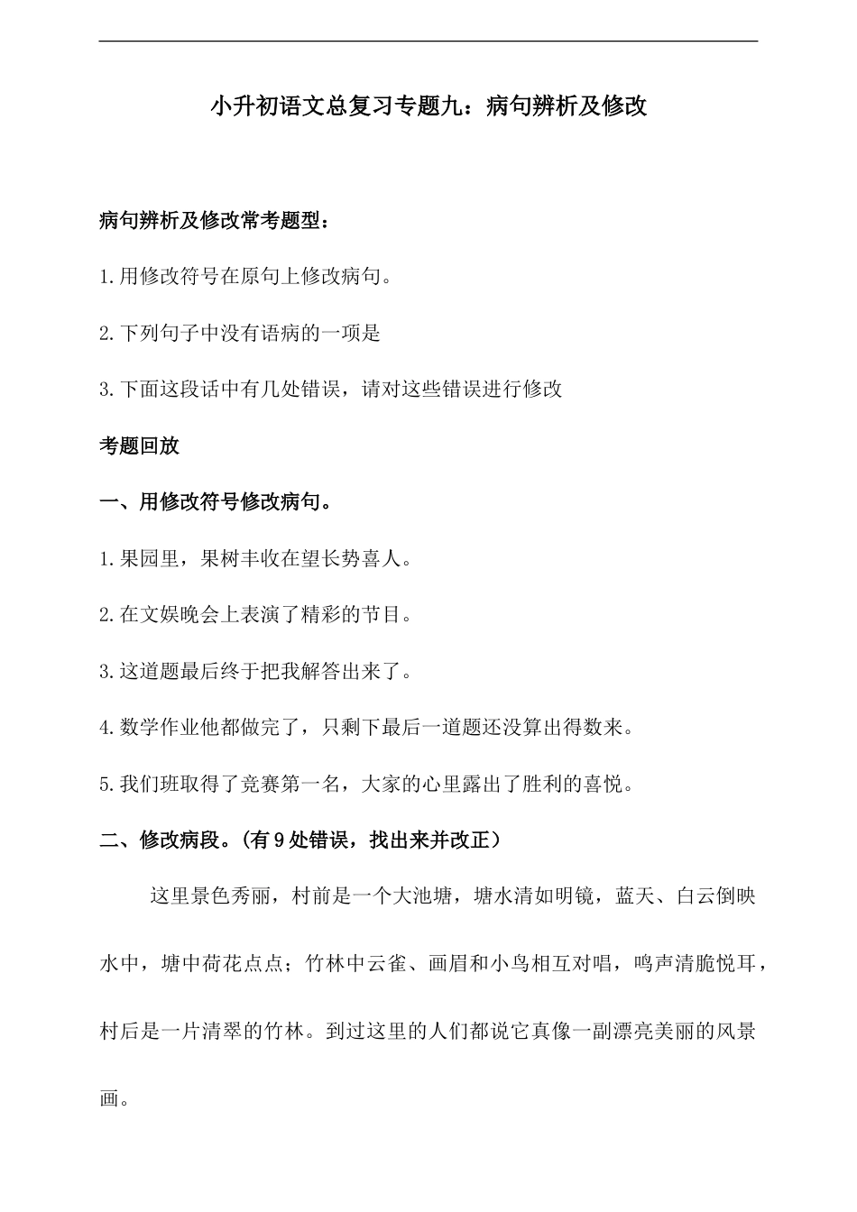 人教统编版小升初语文总复习专题九·病句辨析及修改同步练习（含答案）.doc