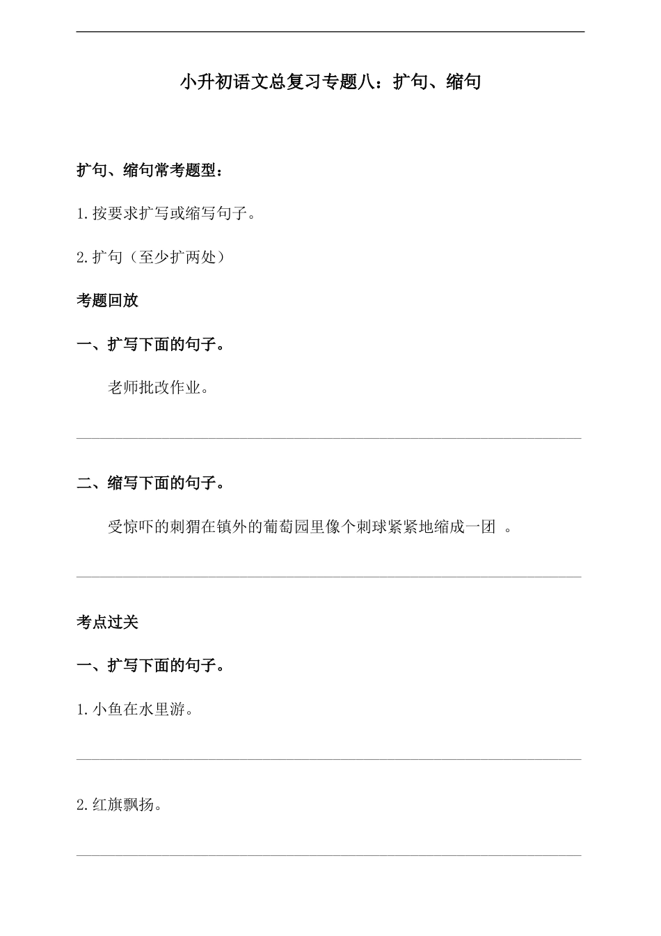 人教统编版小升初语文总复习专题八·扩句、缩句同步练习（含答案）.doc